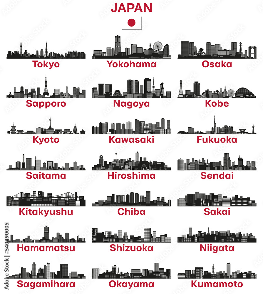 Japan cities skylines silhouettes vector set Stock Vector | Adobe Stock