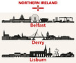 Northern Ireland cities skylines silhouettes vector set