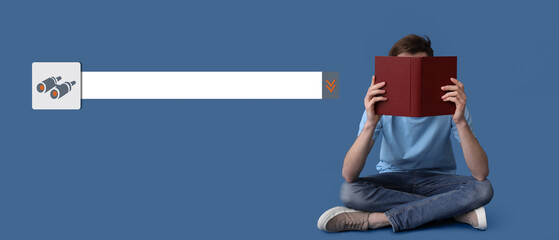 Man with book and search field on blue background