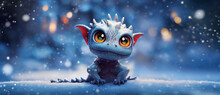 Cute Baby Dragon In A Winter Forest On A Winter Day. Christmas Dragon.