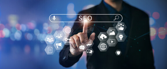 Wall Mural - it specialist person manage search engine optimization : seo with social media content and advertise