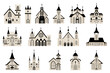 Church buildings. Religion architecture. Monastery and belfry. Tower with bells. Catholic Christian religious house. Temple facade. Garish Christ town emblems set. Vector design concept
