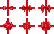 Realistic Gift Bows. Red Giftbox Ribbons Textile, Gifting Tie Wraps For Xmas Holiday Present Decorations