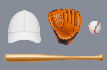 Wall Mural - Baseball equipment. Sport uniform and tools for baseball players t shirt ball gloves cap and bat decent vector mockup templates