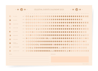 one page 2023 year moon calendar in celestial golden style. minimal gold lunar calendar 2023 print p