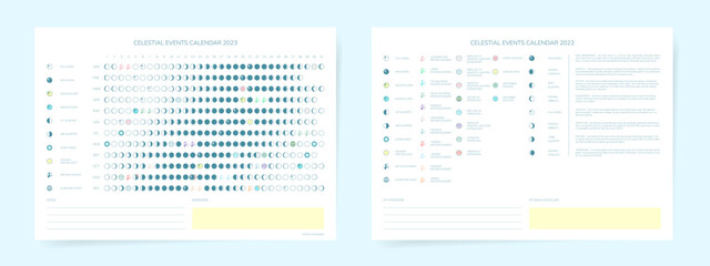 One page 2023 year moon calendar with celestial events guide. Schedule of full moon, new moon, solar eclipse, meteor shower, planetary event, equinox and solstice. Europe and USA region.