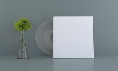 Wall Mural - 3D render of white blank vinyl cover with copy space near a vase of green flowers on a gray wall