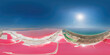 Pink salt lake bright lagoons. Aerial Seamless 360 degree spherical equirectangular panorama of colorful exotic pink salt lagoon on a sunny summer day. Dunaliella salina.