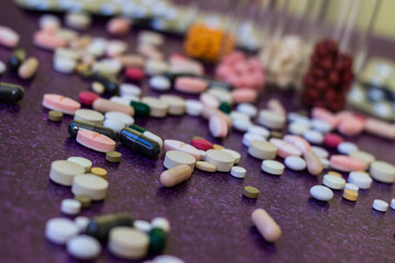 Wall Mural - Heap of medicine pills. Close up of colorful tablets and capsules