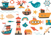 Kids Ship, Sailboat And Submarine. Isolated Scandinavian Lighthouse, Flying Seagull And Beach House. Cartoon Flat Palm Tree, Anchor And Classy Pirate Map Vector Clipart