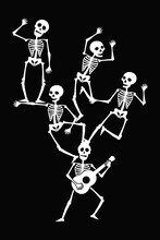 Guitarist With Crew, Group Of Skeletons Makes Pyramid. Creepy, Funny Artwork, Vector Illustration. Halloween Black White Clipart For Shirt, Card, Print. Isolated Object 