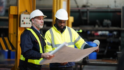 Engineers in discussion in machine maintenance in factory. Group of Industrial Engineers with Blueprint against trains and machinaries industry background. Studying Blueprint with Superior