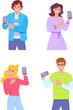 People pointing phone. Man showing looking on smartphone, woman entrepreneur introducing cellphone, person holding cellular mobile smartpoint technology swanky vector illustration