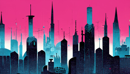 Wall Mural - Abstract cityscape with a spectacular contrast of pink and blue, a building in silhouette, and a white background. Digital art 3D illustration. Panoramic shot.