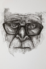 Abstract portrait of a sad old man - illustration. Modern sketch portrait of a thoughtful grandfather in glasses, painted with liner