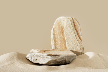 Stone podium mock up for product cosmetic with sand