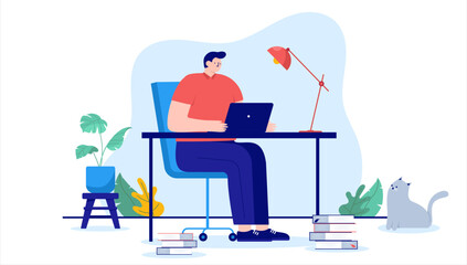 Poster - Man working on computer - Vector illustration of person sitting at desk with laptop doing work and concentrating. Flat design with white background