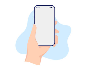 Aufkleber - Phone in hand vector illustration mockup - Hand holding smartphone with blank empty screen straight up in flat design white blue and white background