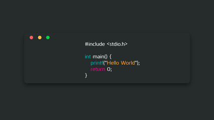 hello world in c. Coding illustration of programming language. printf hello world