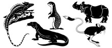Animal Silhouettes Set Isolated On White. Basilisk Lizard, Ground Squirrel, Komodo Waran, Jerboa, Rhinoceros. Vector Cliparts.