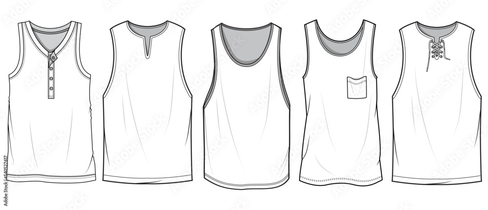 Sets of Tank Top, Men's Vest Top Set Fashion Illustration, Vector, CAD ...