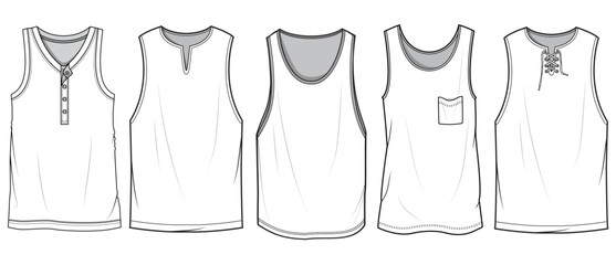 Sets of Tank Top, Men's Vest Top Set Fashion Illustration, Vector, CAD, Technical Drawing, Flat Drawing, Template, Mockup
