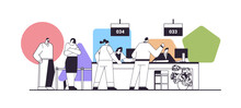 People Looking At Display Number Board In Waiting Room Electronic Queuing System Queue Management Concept