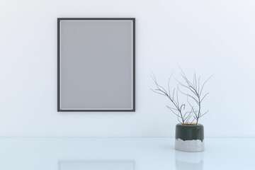 Sticker - 3D rendering of a mockup frame and plant near a white wall