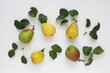 Group of fresh yellow red green pear fruit with leaves on white background. Flat lay composition. Top view.