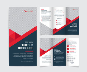 Corporate trifold brochure template. Modern, Creative, and Professional tri-fold brochure vector design. Simple and minimalist layout with blue and red colors. Corporate Business Trifold Brochure.