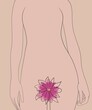 vertical illustration. bright pink flower hiding the female vulva. concept of femininity, sexuality and fertility