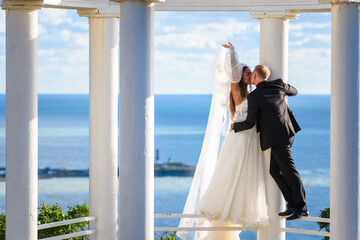 Wall Mural - Newlyweds kiss in a beautiful gazebo standing on a metal railing