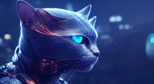 Fantasy Futuristic Cyber Cat In Cyberpunk Style.
