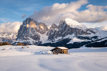 Alpe di Siusi with snow in winter, Dolomites, Italy