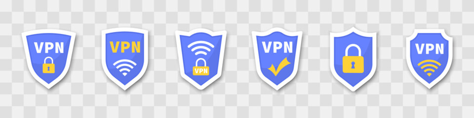 VPN shield concept. Lock with VPN icons on transparent background. Safe private access for wifi and server. Wireless shield VPN wifi icon. Data protection. Secure VPN service. Vector illustration