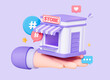© accogliente - 3D Hand holding Store building. Online shopping concept. E-commerce and marketing in social media. Digital business startup. Cartoon creative design icon isolated on purple background. 3D Rendering