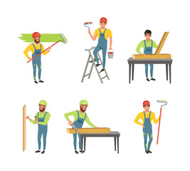 Wall Mural - Professional Man Carpenter and Builder in Overall Working with Wooden Planks and with Paint Roller Coloring Wall Vector Set