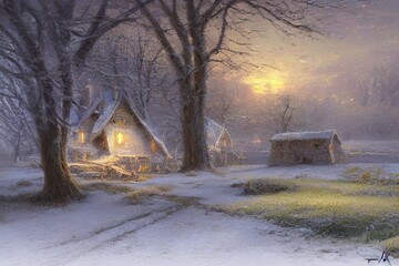 Sticker - Dawn in the forest village in winter. Digital illustration