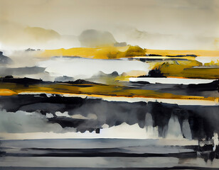 A black and gold watercolour style digital abstract seascape