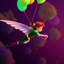 Flying Boy In Fairytale World, 3d Render
