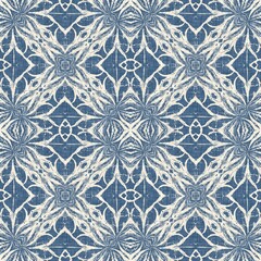 Sticker - Farmhouse blue snow flake pattern background. Frosty batik damask french effect seamless backdrop. Festive cold holiday season wall paper tile. 