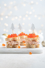 Christmas Tree Canape With Smoked Salmon, Cream Cheese, Dill, Horseradish Pate And Red Caviar For Festive Xmas Snack
