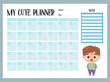 Cute kids monthly planner and notes with cute cartoon character boy. Vector horizontal template. male organizer in blue for print and design, children collection, stationery, schedule, planning.
