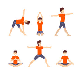 Sticker - Smiling Man in Red Sweatshirt Doing Yoga Breathing in Different Asana Vector Set