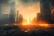 3D Illustration. Digital Art. Warzone City With Smoke And Fire Sources, Concept Art