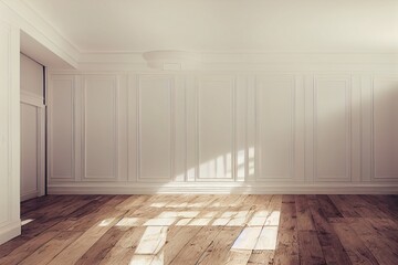 Classic white empty interior with wall panels, moldings and wooden floor. 3d render illustration mock up.