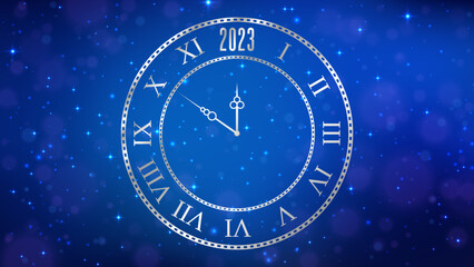 Wall Mural - New Year 2023 background with clock. Vector illustration.