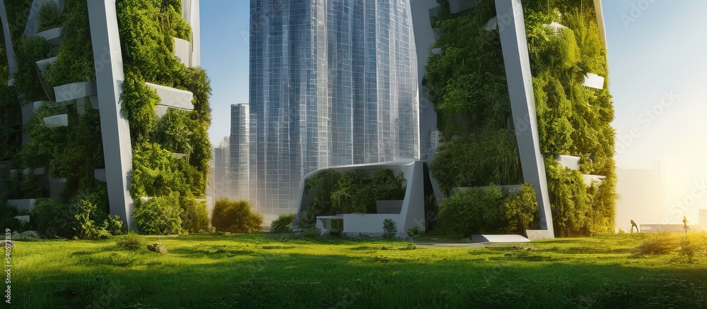 Illustration Stock Future green city with vertical gardens growing on ...
