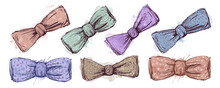 A Set Of Bow Ties For The Groom On A White Background. Wedding Tie, Watercolor Vintage Sketch