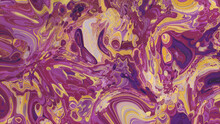 Elegant Marbling Background. Liquid Swirls In Beautiful Purple And Yellow Colors, With Gold Glitter.